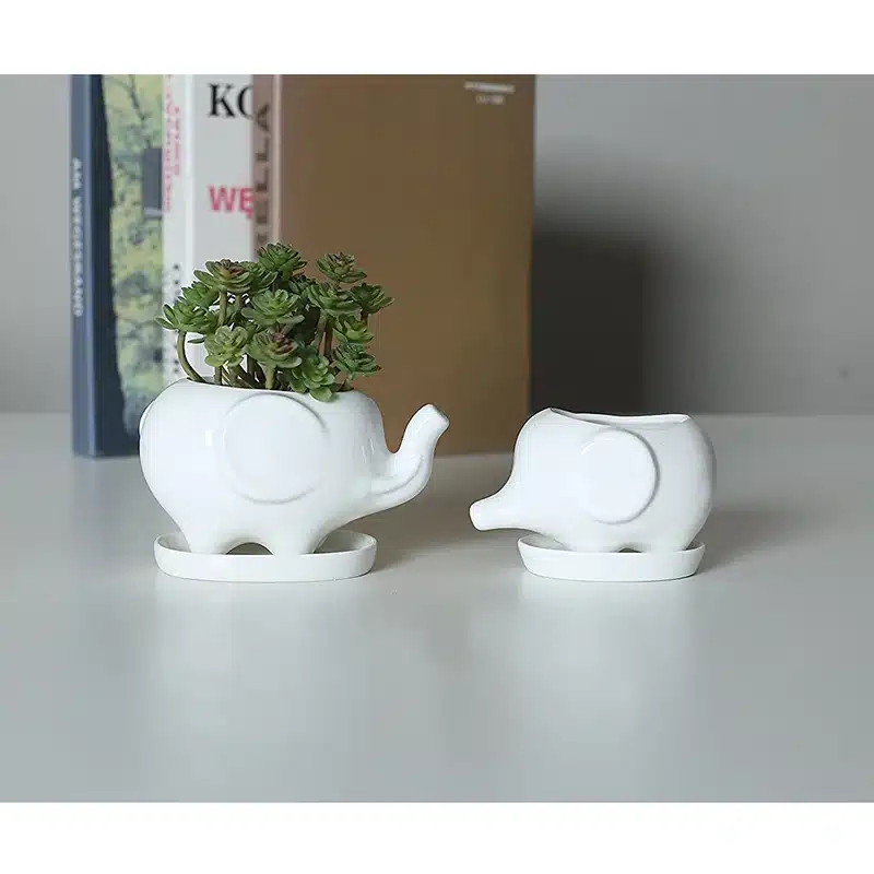 Set of 2 Cute Elephant White Ceramic Flower Pot with Tray for Succulents Cactus Plants Mini Pot Planter Home Garden Decoration 5