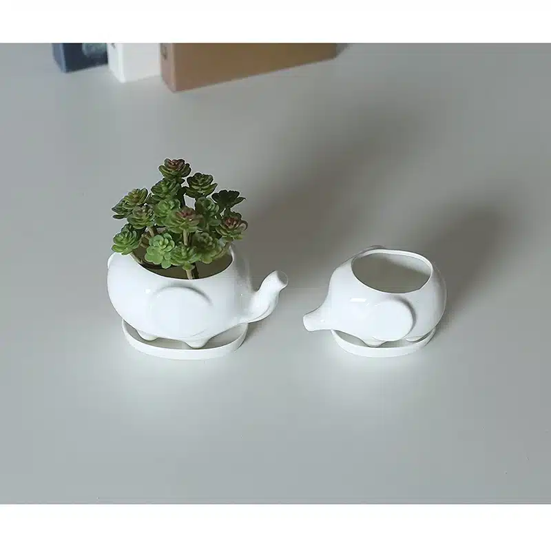 Set of 2 Cute Elephant White Ceramic Flower Pot with Tray for Succulents Cactus Plants Mini Pot Planter Home Garden Decoration 6