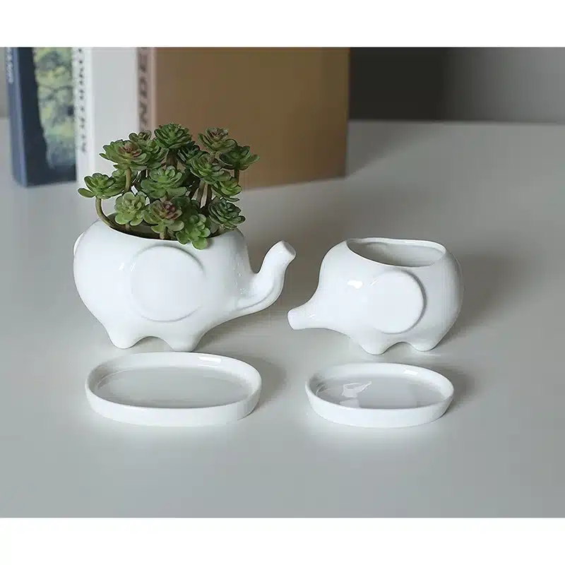 Set of 2 Cute Elephant White Ceramic Flower Pot with Tray for Succulents Cactus Plants Mini Pot Planter Home Garden Decoration 7