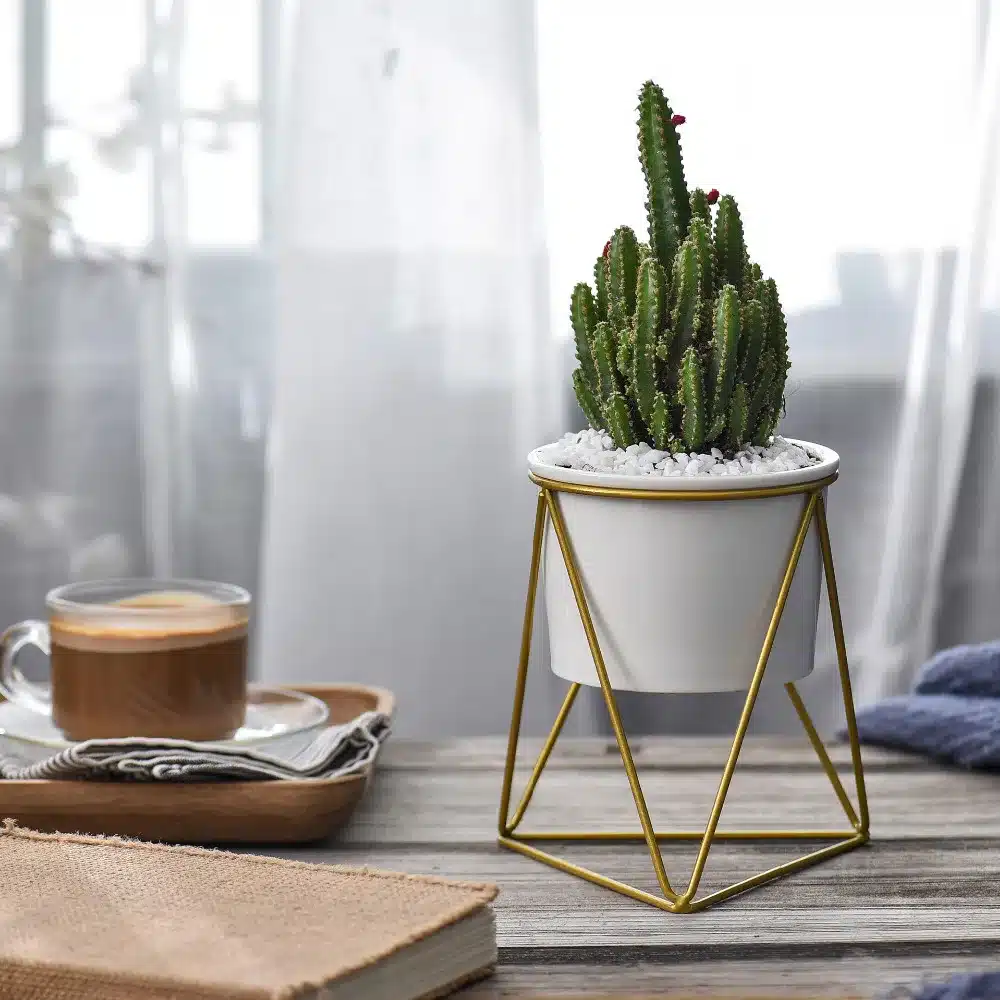 Modern Desktop White Small Ceramic Plant Flower Pot Planter with Geometric Yellow Iron Rack Holder for Succulents Herbs Cactus 15