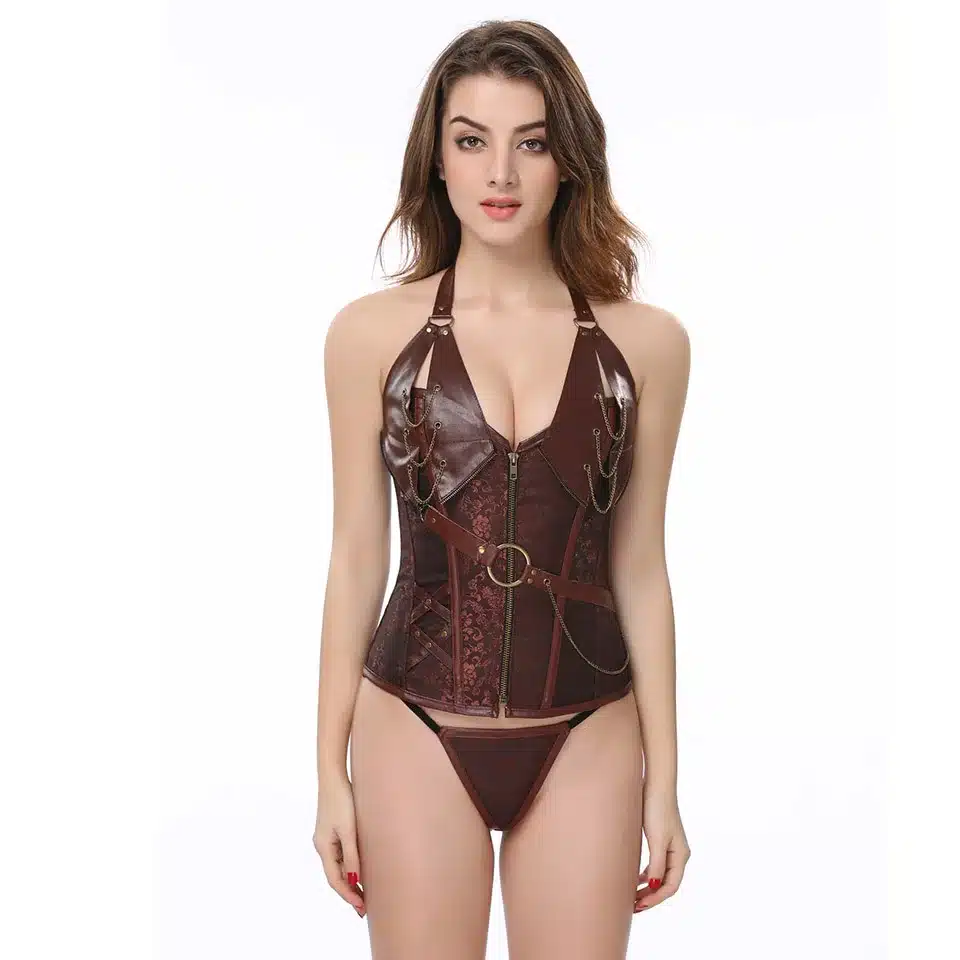Retro Bustiers Corsets Women Zipper Brown Brocade Steampunk Corset Top With G-string Plus size 3XL-6XL Sexy lingerie Corset set 3