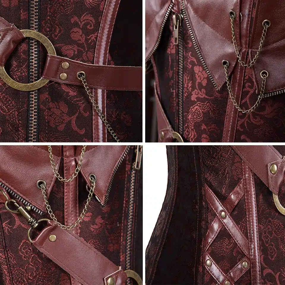 Retro Bustiers Corsets Women Zipper Brown Brocade Steampunk Corset Top With G-string Plus size 3XL-6XL Sexy lingerie Corset set 9