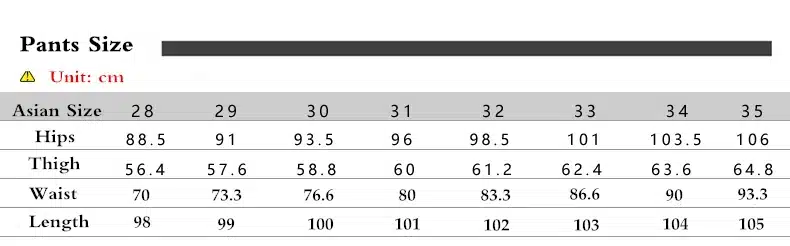 Suuruste tabel, mis näitab meeste pükste suurusi, sealhulgas puusa, reie, vöö ja pikkuse mõõdud sentimeetrites, numbritega vahemikus 28 kuni 35.