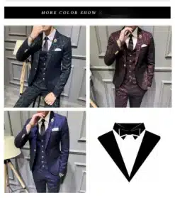 Tumepunane mustriline ülikond koos tumedate pükste ja valge särk sobib ideaalselt pidulikuks sündmuseks, taustaks stiilne hall paneelsein.