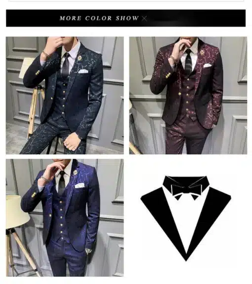 Tumepunane mustriline ülikond koos tumedate pükste ja valge särk sobib ideaalselt pidulikuks sündmuseks, taustaks stiilne hall paneelsein.