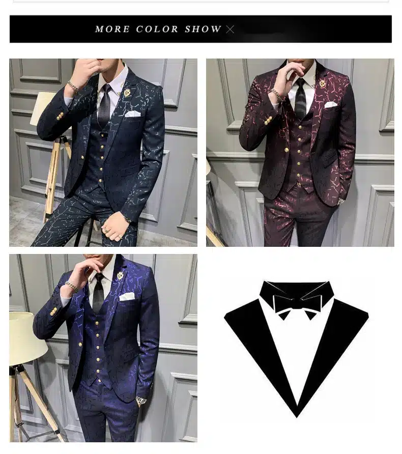 Tumepunane mustriline ülikond koos tumedate pükste ja valge särk sobib ideaalselt pidulikuks sündmuseks, taustaks stiilne hall paneelsein.