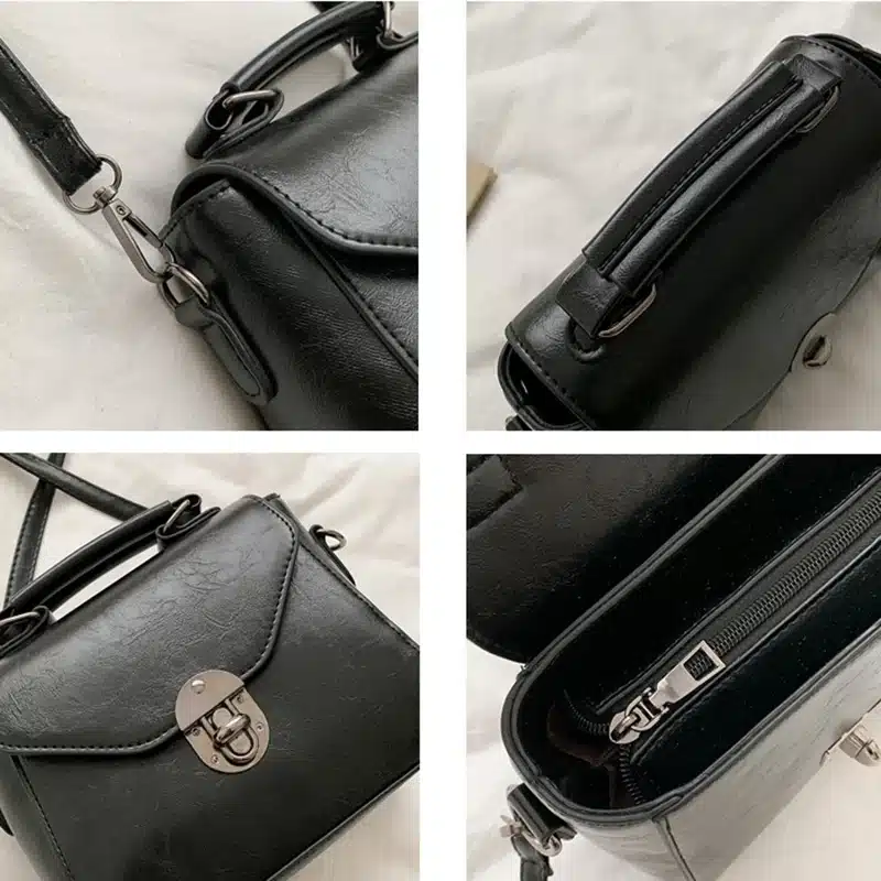 Must väike crossbody kott sangaga, esitatud neljas vaates, rõhutades kotti metallist detailide, tõmbluku ja pehme nahklaadse materjaliga.
