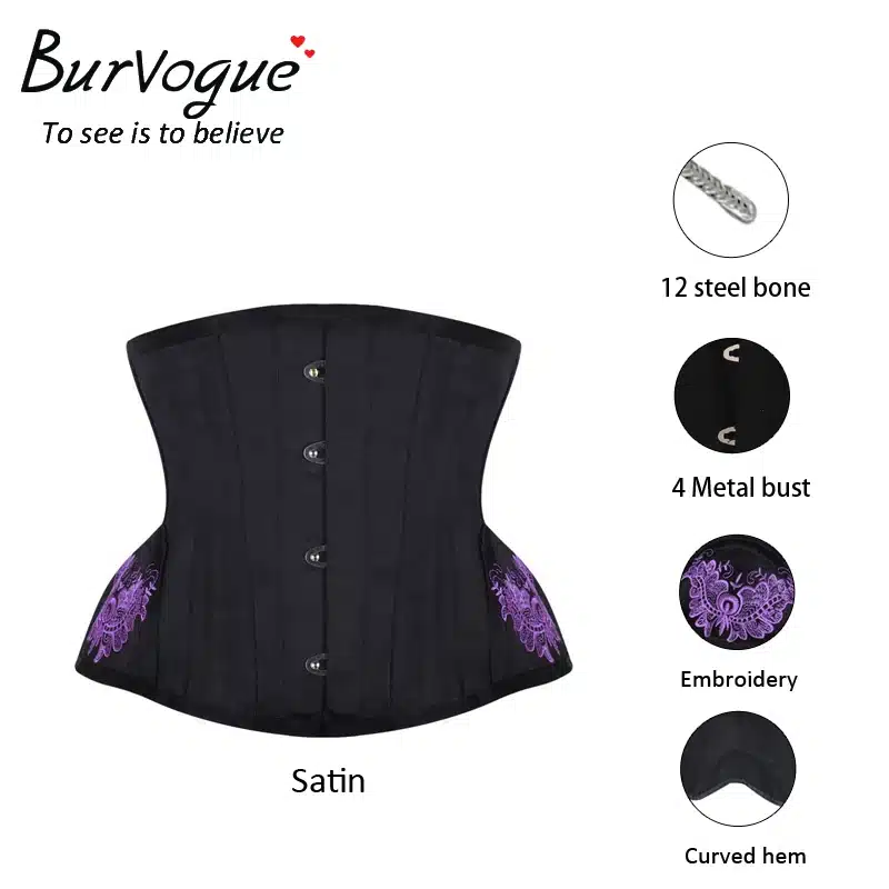Burvogue Underbust Steampunk Corset Waist Control Gothic Corsets Cincher with Curved Hem Bustiers Embroidery Short Waist Trainer 22