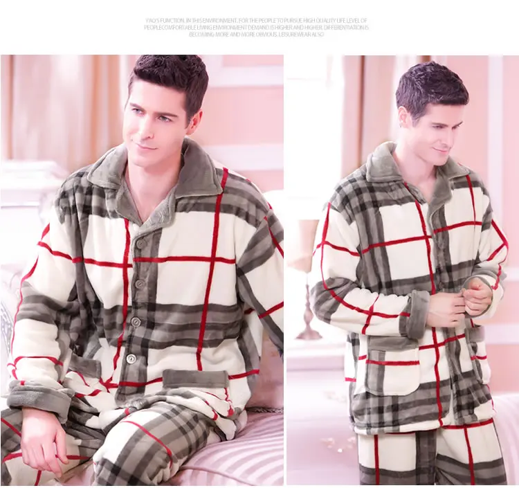 SusanDick 2017 New Winter Pajamas Men Thick Fleece Pajama Sets Luxury Warm Sleepwear Plaid Suits Man Casual Home Clothes Pijama 7