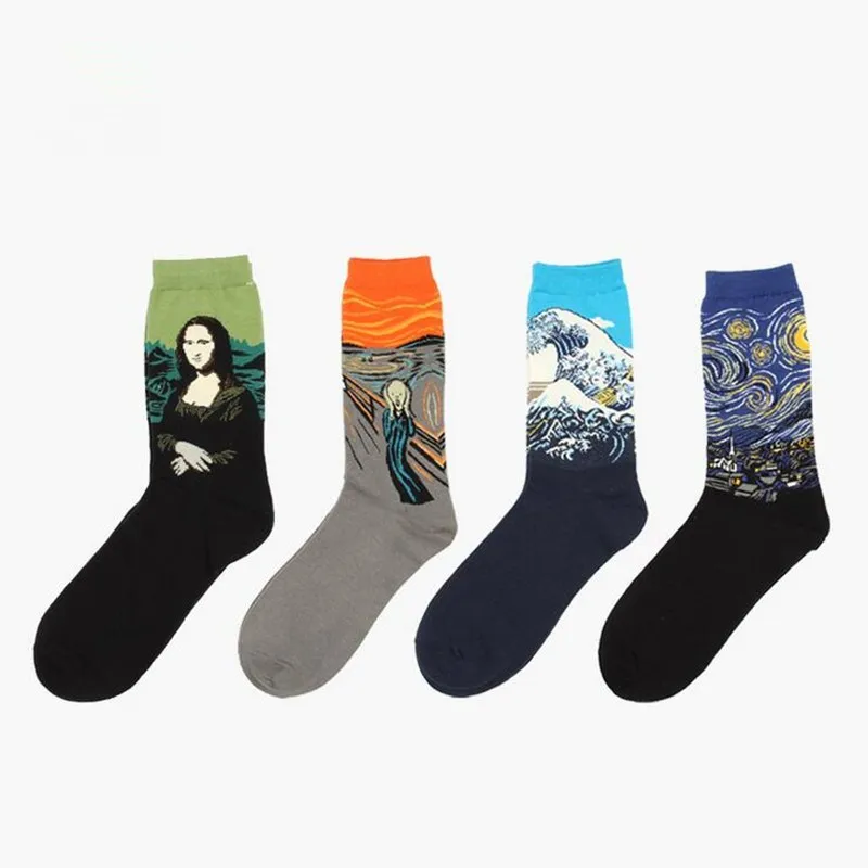1 pair autumn winter New Retro Art Oil Painting men socks fashion happy lovers cotton long socks sokken calcetines 9