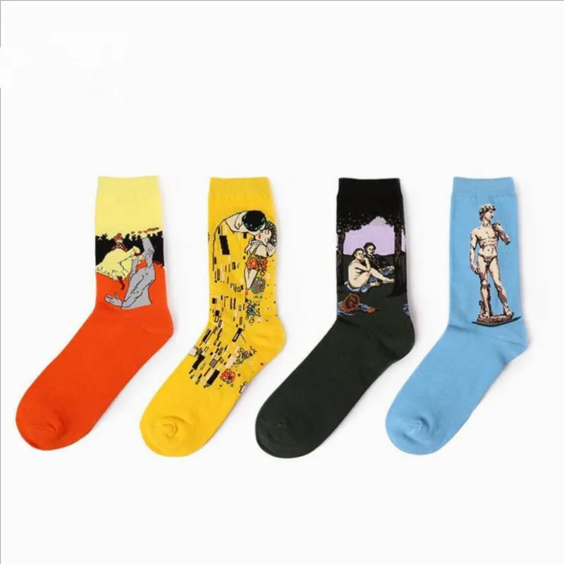 1 pair autumn winter New Retro Art Oil Painting men socks fashion happy lovers cotton long socks sokken calcetines 11