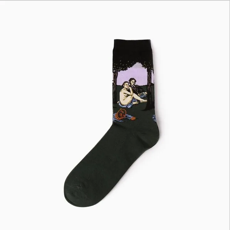 1 pair autumn winter New Retro Art Oil Painting men socks fashion happy lovers cotton long socks sokken calcetines 18