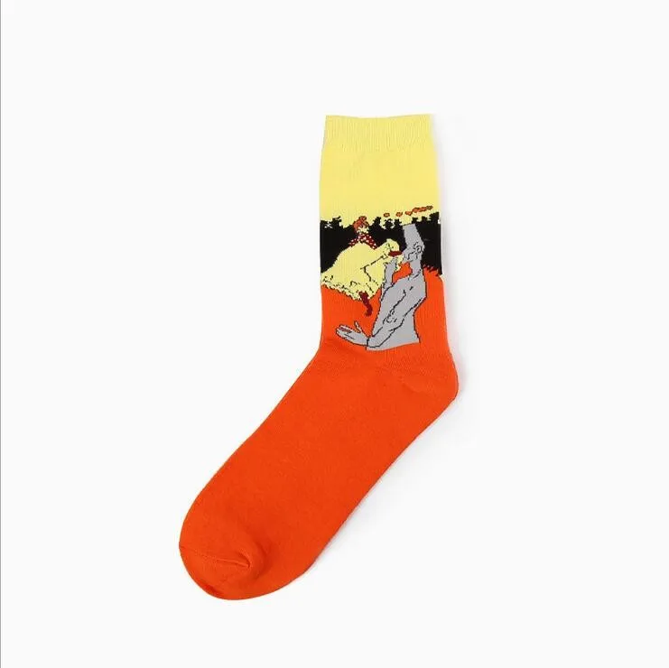 1 pair autumn winter New Retro Art Oil Painting men socks fashion happy lovers cotton long socks sokken calcetines 19