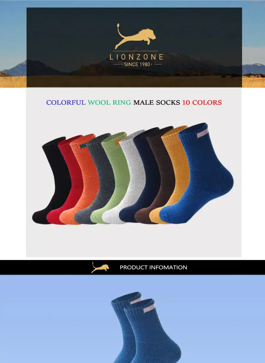 Solid Cloth Sign Design Merino Wool Socks Newly Autumn Winter Men Crew Socks LIONZONE Wool Mens Socks Hot Selling 9
