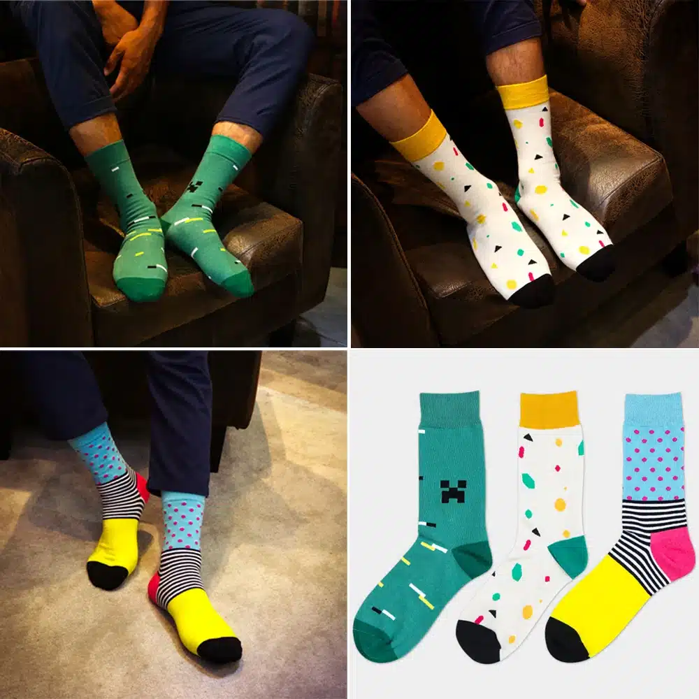 High Quality 1 Pair of Spring Summer Men Colored Striped Cotton Socks Art Jacquard Socks Hit Color Long Dot Happy Socks 23