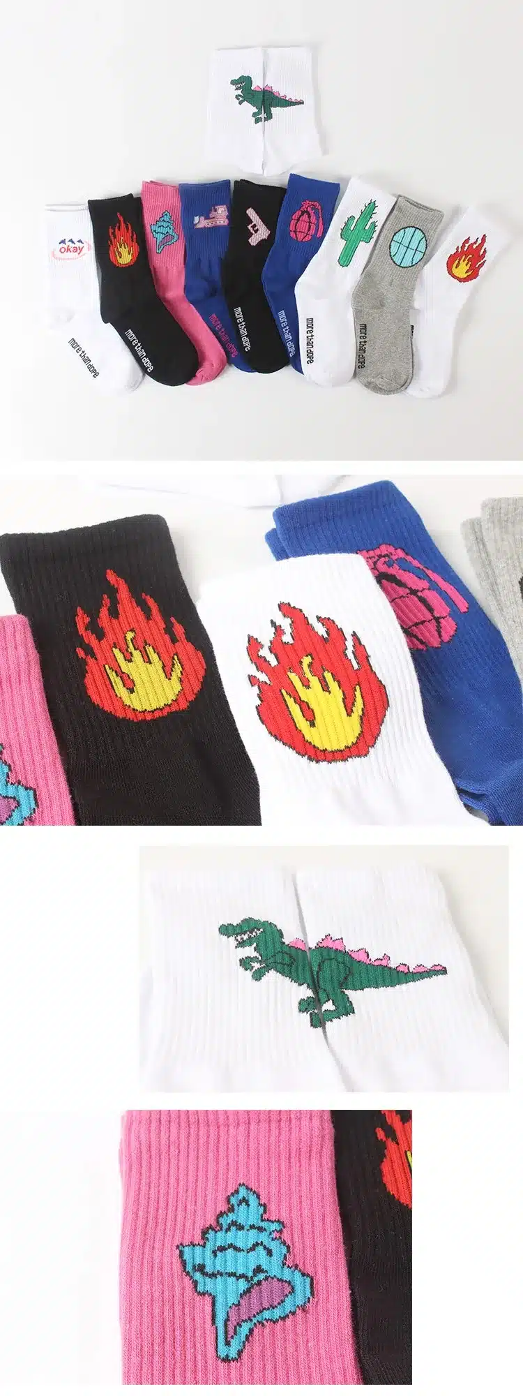 Foot 22-26cm Crew Socks Blaze Flame Mid Long Cacti Cactus Tractor Pistol Gun Conch Whelk Sea Snail Trumpet Shell Dinosaur Fire 3