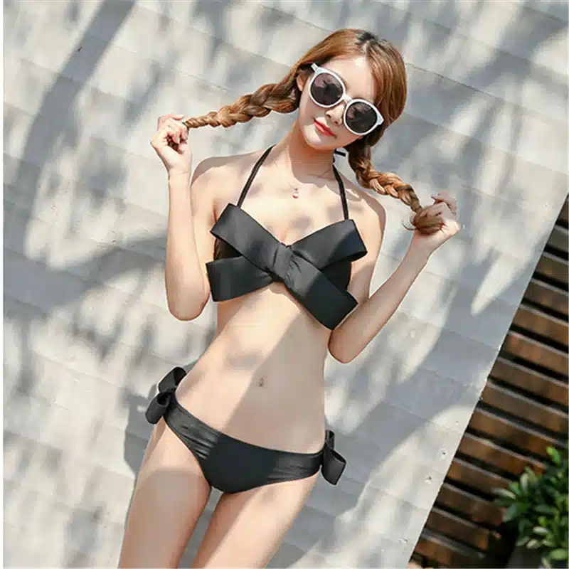 Women Black Sexy Swim Wear Solid Swimwear Brazilian Bikini Big Bow Bandeau Beach Wear Halter Swimsuit Push Up Bathing Suit 4