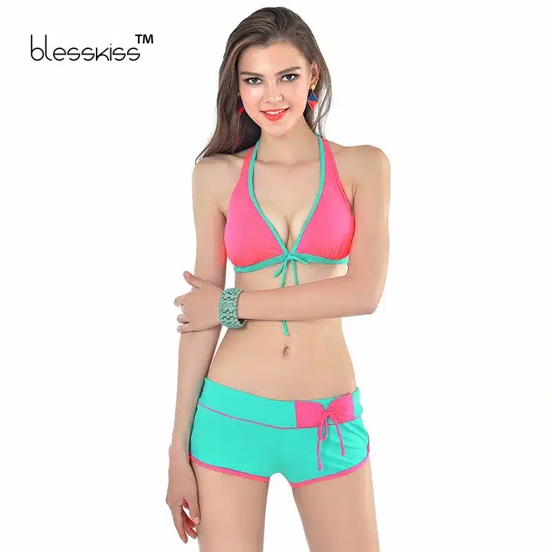 2017 Bikini Push Up Swimwear Women Swimsuit Solid Halter Plus Size Swimwear With Shorts Swimming Suit For Women Bathing Suit XXL 4