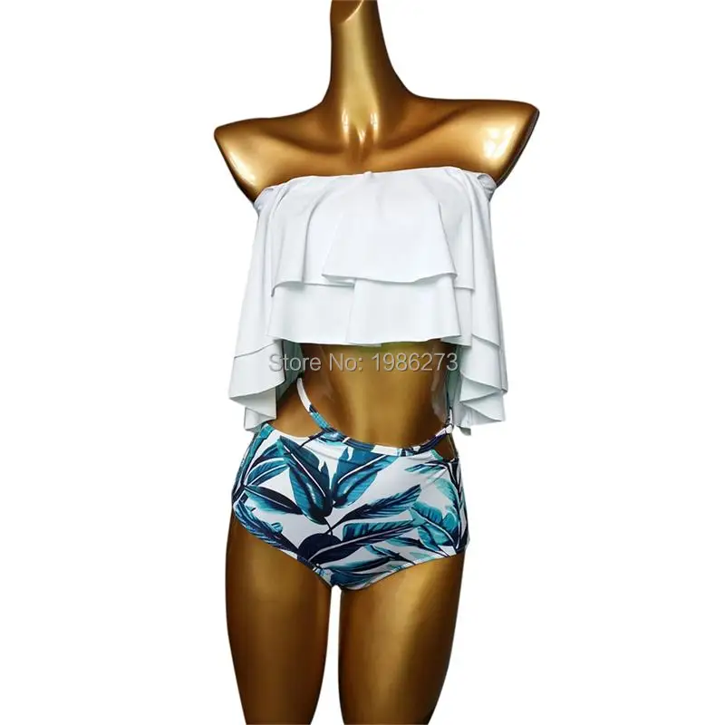 Bikini set 2017 Doubledeck flouncing Swimsuit Push Up Bathing Suit sexy Women High Waist Swimwear Off Shoulder Swimming Suits 16