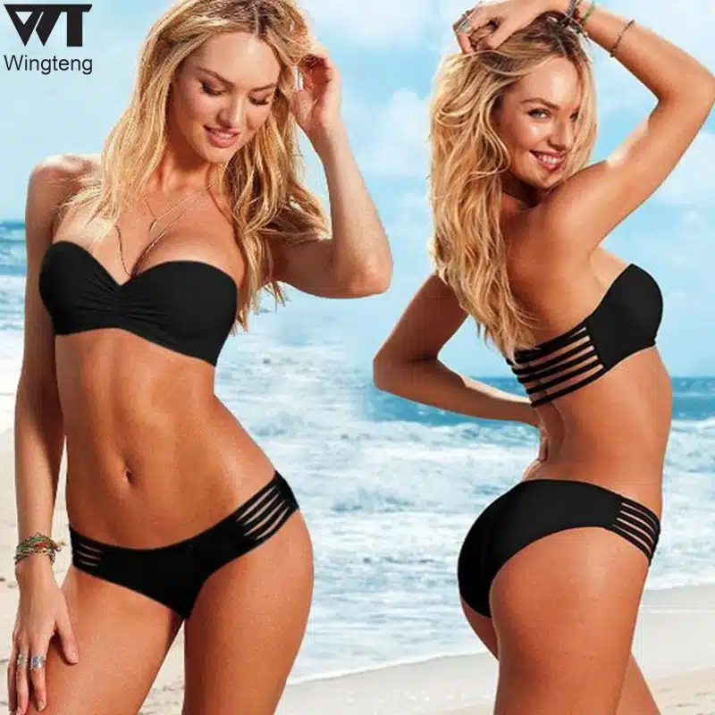 Wingteng 2017 Swimwear Female Bandeau Top Push Up Bikini Set Women Swimsuit Hollow Bathing Suits Brazilian Solid Bikini black 14