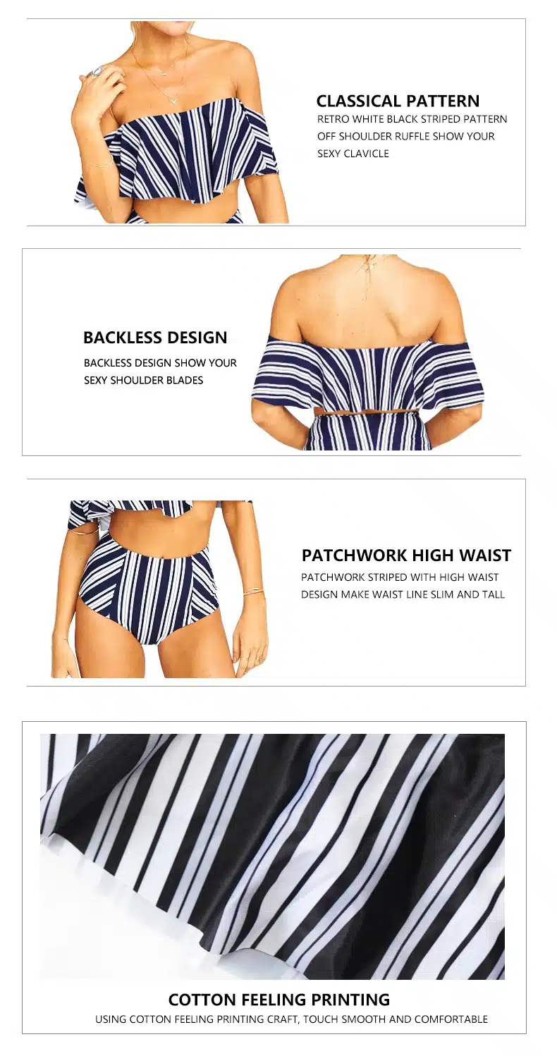 PLAVKY 2018 Sexy White Black Striped High Waist Biquini Ruffled Swim Bathing Suit Swimsuit Swimwear Women Off Shoulder Bikini 13