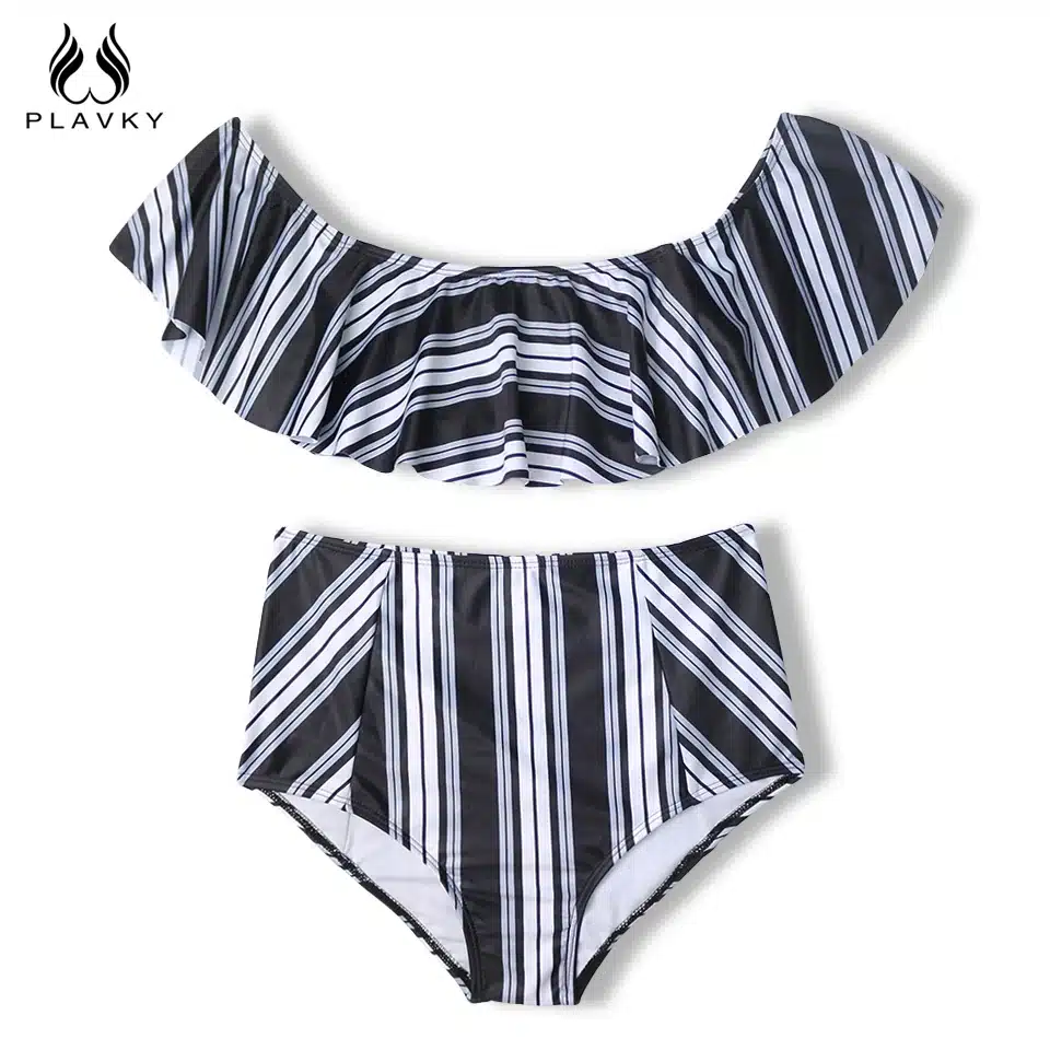 PLAVKY 2018 Sexy White Black Striped High Waist Biquini Ruffled Swim Bathing Suit Swimsuit Swimwear Women Off Shoulder Bikini 14