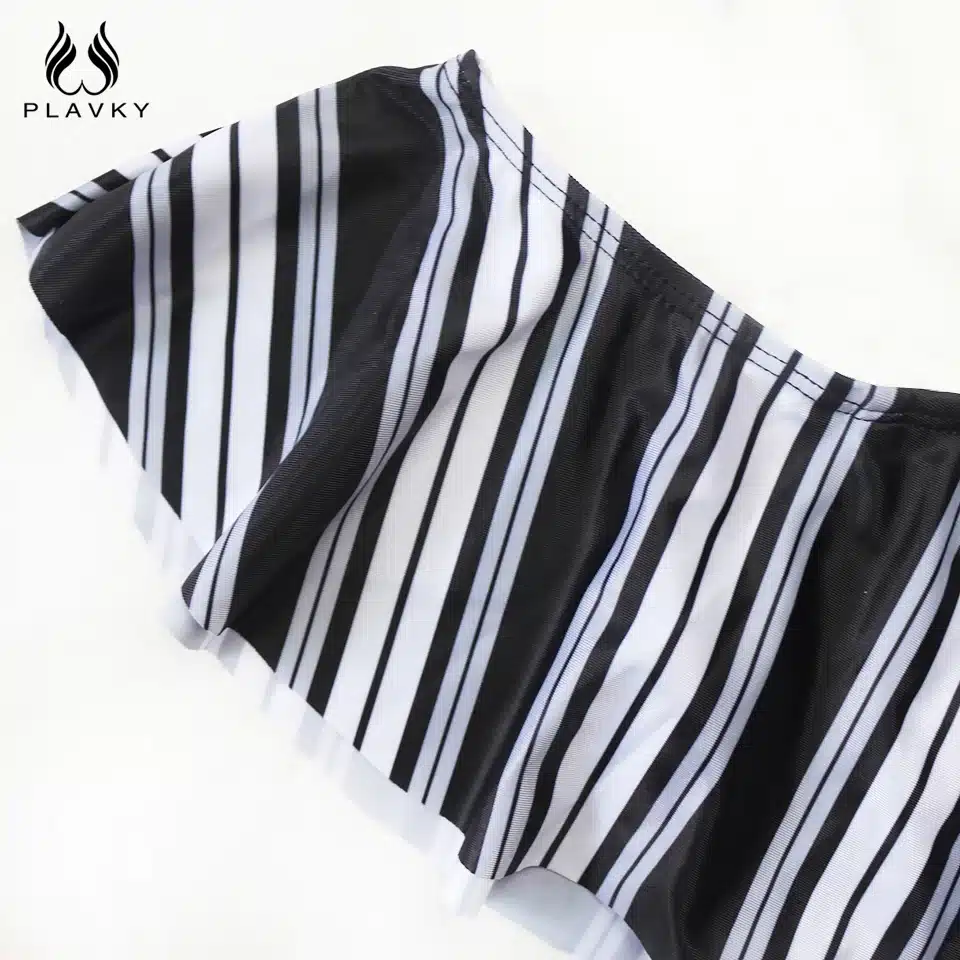 PLAVKY 2018 Sexy White Black Striped High Waist Biquini Ruffled Swim Bathing Suit Swimsuit Swimwear Women Off Shoulder Bikini 15