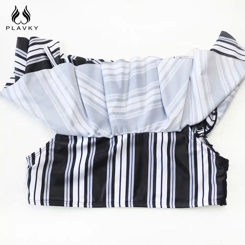PLAVKY 2018 Sexy White Black Striped High Waist Biquini Ruffled Swim Bathing Suit Swimsuit Swimwear Women Off Shoulder Bikini 16