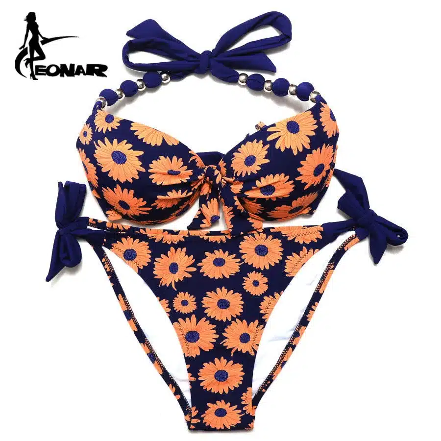 EONAR Bikinis Women 2018 Print Floral Swimsuits Brazilian Push Up Halter Bikini Set Bathing Suits Plus Size Swimwear Female XXL 18