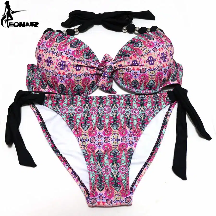 EONAR Bikinis Women 2018 Print Floral Swimsuits Brazilian Push Up Halter Bikini Set Bathing Suits Plus Size Swimwear Female XXL 26
