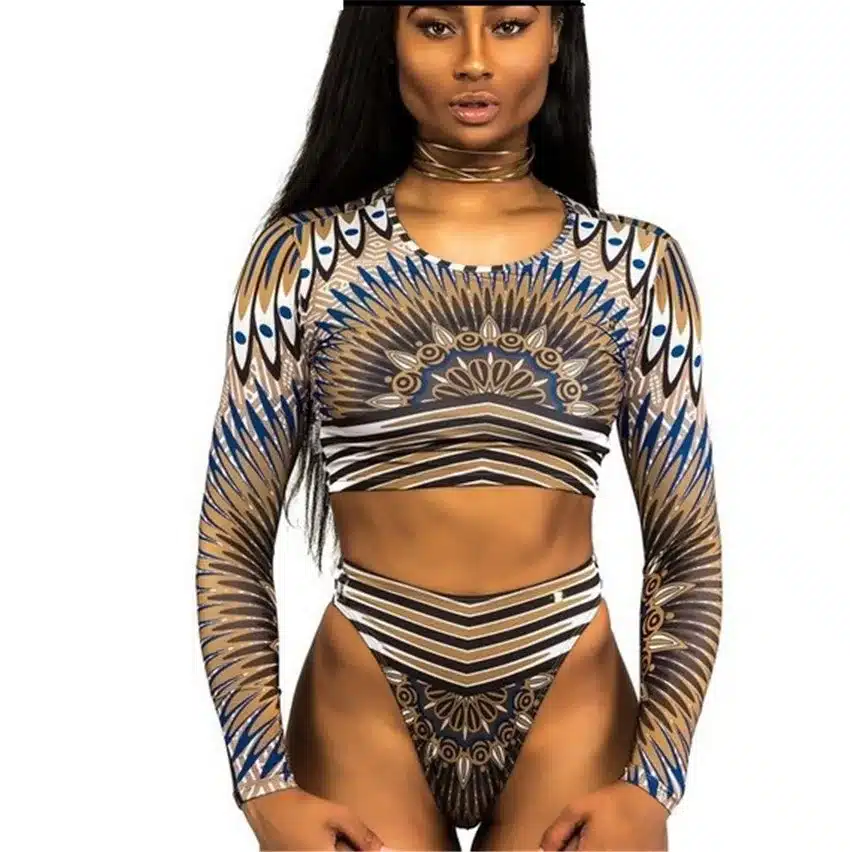 Bkning African Print Swimwear Thong Bikini Set Long Sleeve Swimsuit Women Padded Biquini 2018 Sexy Female High Waisted Swimsuits 17