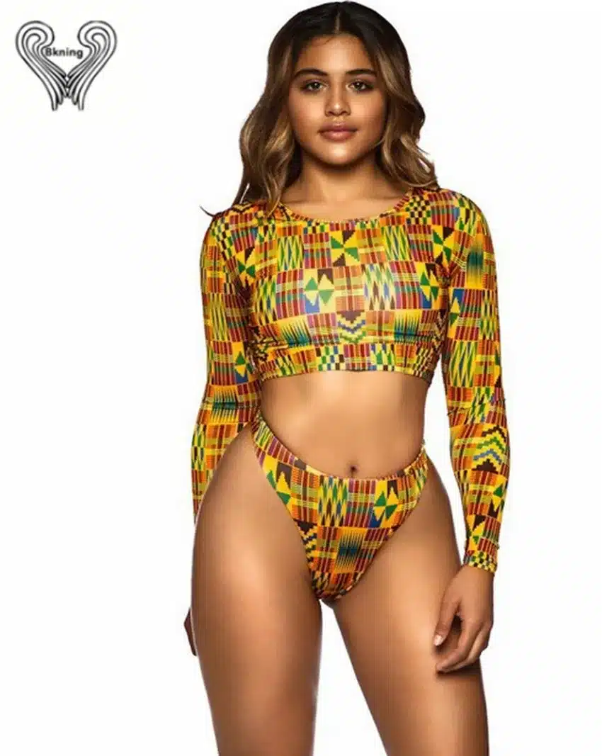 Bkning African Print Swimwear Thong Bikini Set Long Sleeve Swimsuit Women Padded Biquini 2018 Sexy Female High Waisted Swimsuits 36
