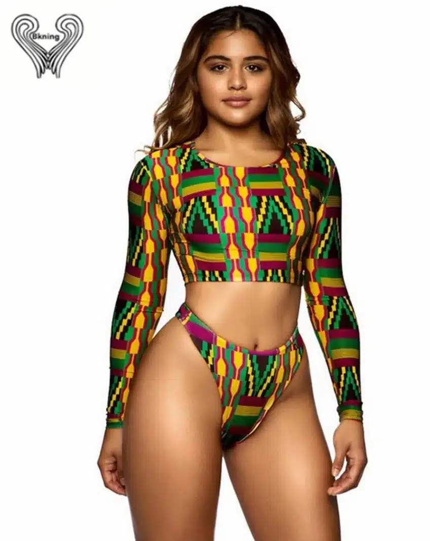 Bkning African Print Swimwear Thong Bikini Set Long Sleeve Swimsuit Women Padded Biquini 2018 Sexy Female High Waisted Swimsuits 37