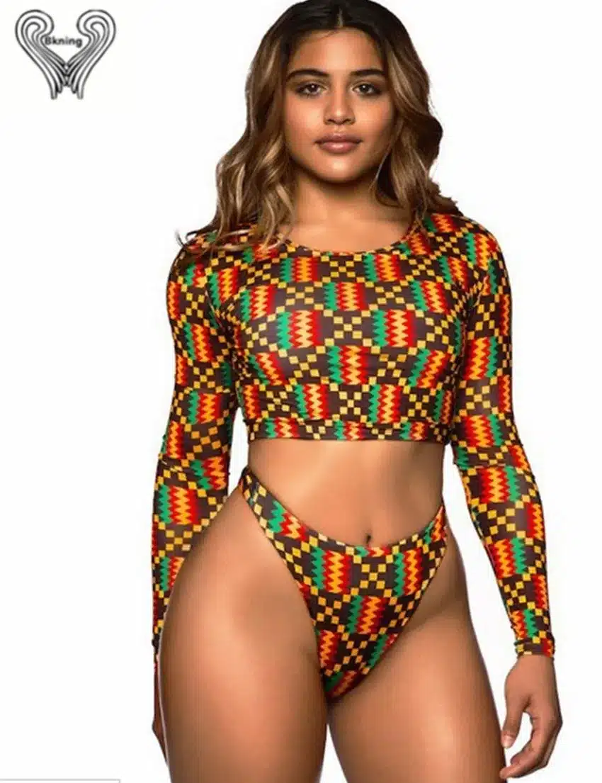 Bkning African Print Swimwear Thong Bikini Set Long Sleeve Swimsuit Women Padded Biquini 2018 Sexy Female High Waisted Swimsuits 38