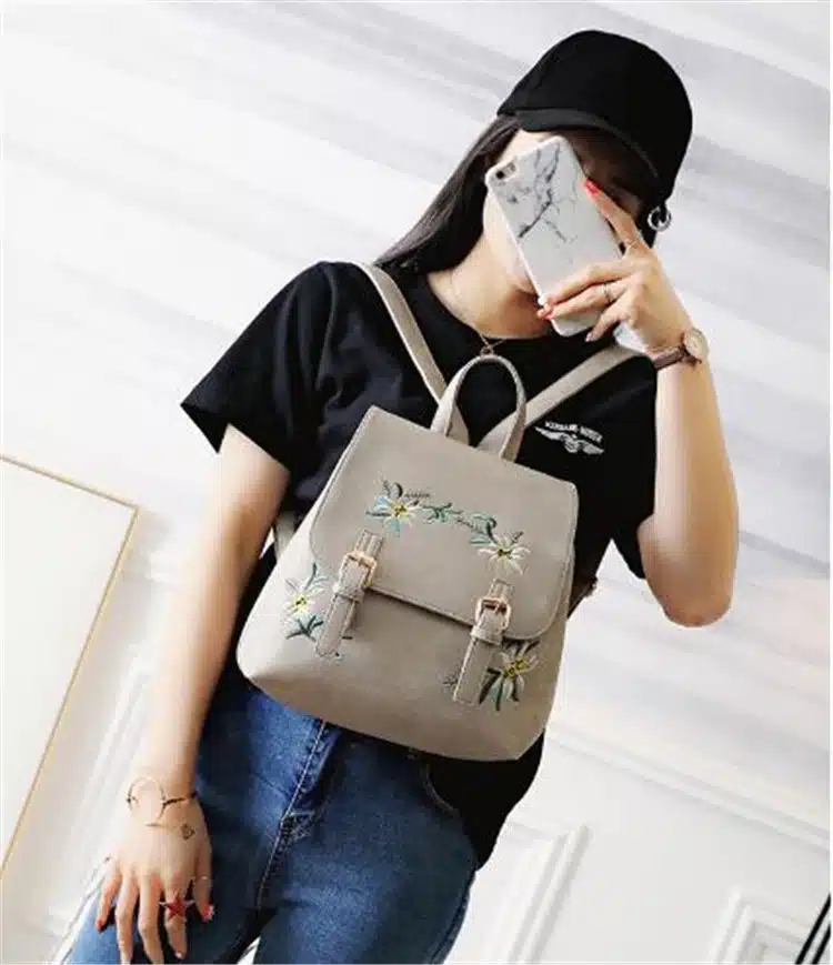 DIDA BEAR Brand Women Leather Backpacks Female School bags for Girls Rucksack Small Floral Embroidery Flowers Bagpack Mochila 18