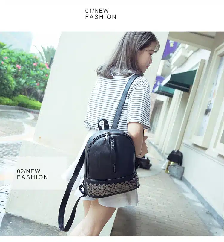 Bolish High Quality PU Leather Women Backpack Preppy Style School Backpack Black Mater Rivet Women Bag 9