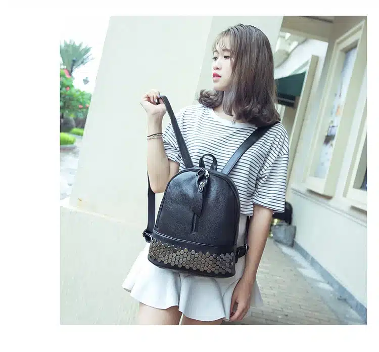 Bolish High Quality PU Leather Women Backpack Preppy Style School Backpack Black Mater Rivet Women Bag 10