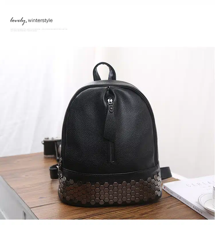 Bolish High Quality PU Leather Women Backpack Preppy Style School Backpack Black Mater Rivet Women Bag 11