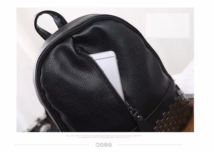 Bolish High Quality PU Leather Women Backpack Preppy Style School Backpack Black Mater Rivet Women Bag 15