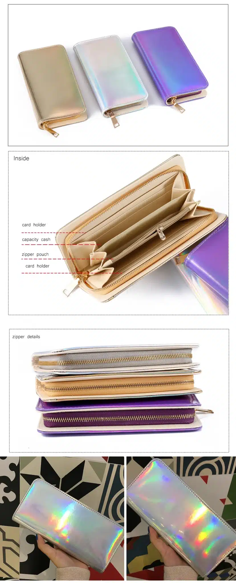 Hologram Zipper Clutch Wallet Women Long Wallets Money Purse Female Slim Wallet Organizer Card Holder Phone Coin Purse 14