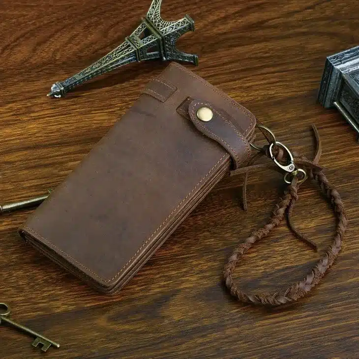 Designer Chain Leather wallet, long style Crazy Horse Natural Cowhide Vintage Waxed Leather Purse,with handmade woven rope,brown 9