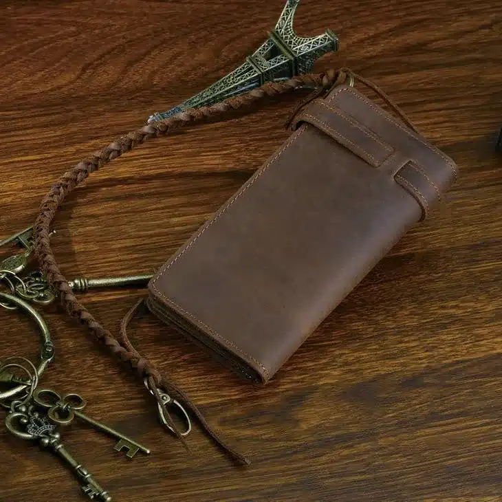 Designer Chain Leather wallet, long style Crazy Horse Natural Cowhide Vintage Waxed Leather Purse,with handmade woven rope,brown 11