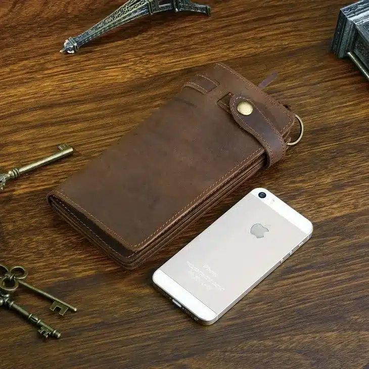 Designer Chain Leather wallet, long style Crazy Horse Natural Cowhide Vintage Waxed Leather Purse,with handmade woven rope,brown 20
