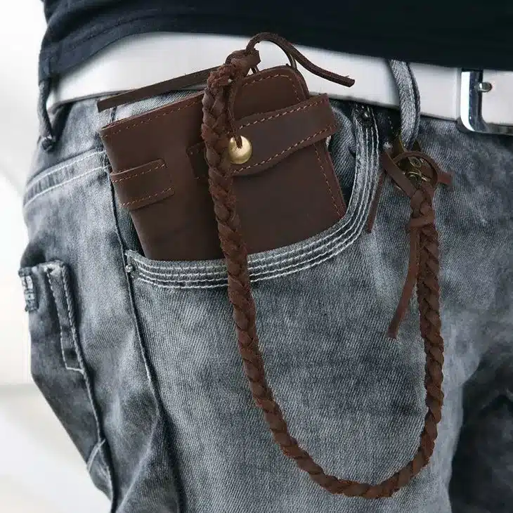 Designer Chain Leather wallet, long style Crazy Horse Natural Cowhide Vintage Waxed Leather Purse,with handmade woven rope,brown 22