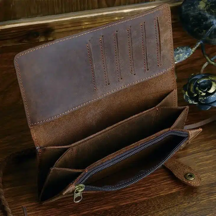 Designer Chain Leather wallet, long style Crazy Horse Natural Cowhide Vintage Waxed Leather Purse,with handmade woven rope,brown 26