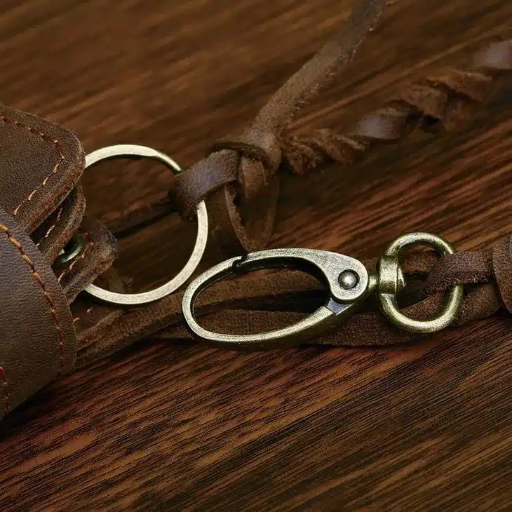Designer Chain Leather wallet, long style Crazy Horse Natural Cowhide Vintage Waxed Leather Purse,with handmade woven rope,brown 33