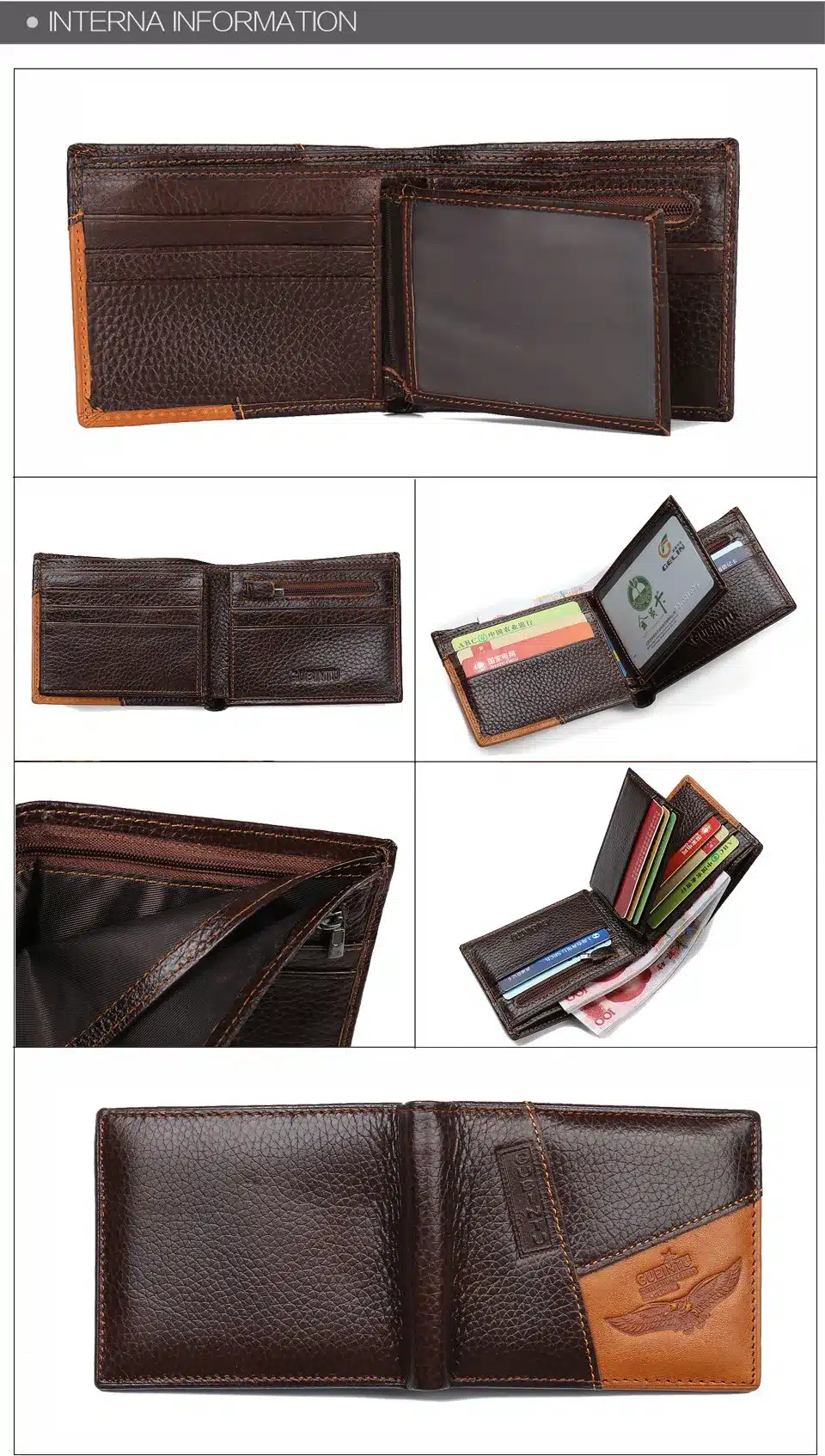 Famous Luxury Brand Genuine Leather Men Wallets Coin Pocket Zipper Men's Leather Wallet with Coin Purse portfolio cartera ZC8042 16