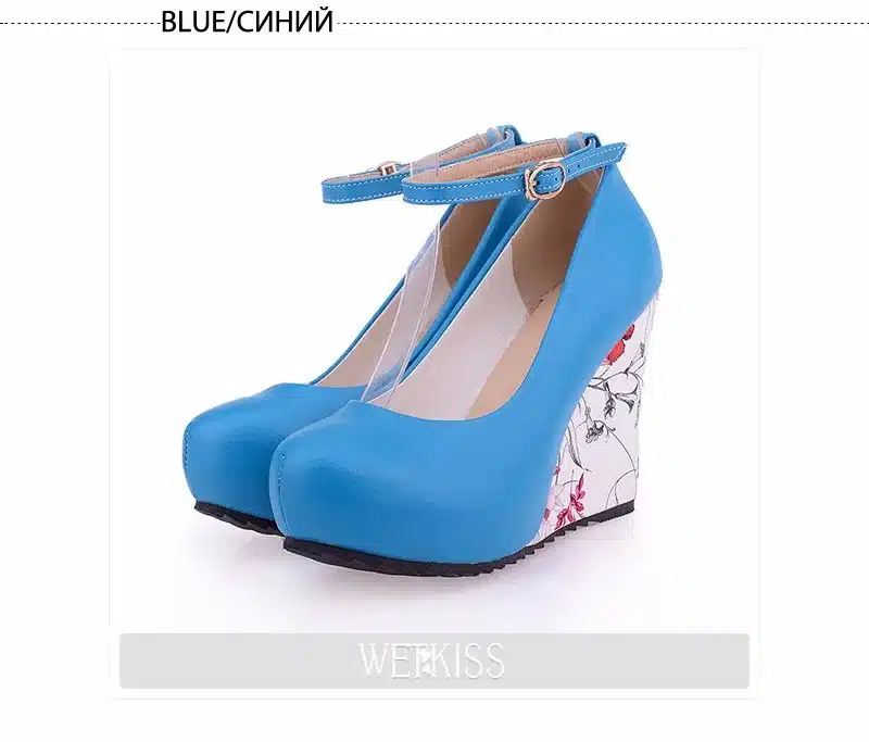 WETKISS Fashion Ankle Strap High Wedges Platform Pumps For Women Casual Elegant Flower Print Wedges Platform Shoes mary jane 18