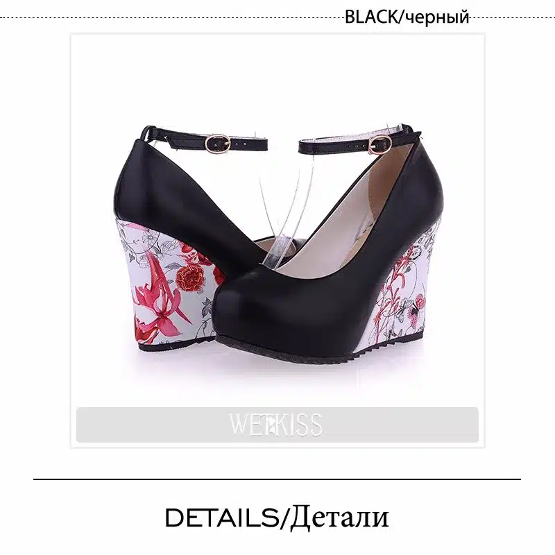 WETKISS Fashion Ankle Strap High Wedges Platform Pumps For Women Casual Elegant Flower Print Wedges Platform Shoes mary jane 19