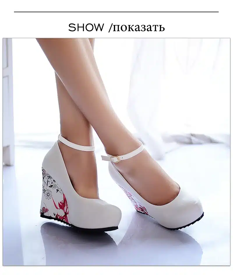 WETKISS Fashion Ankle Strap High Wedges Platform Pumps For Women Casual Elegant Flower Print Wedges Platform Shoes mary jane 21